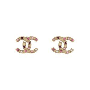 Chanel Gold-tone Pink Strass Interlocking CC Stud Earrings